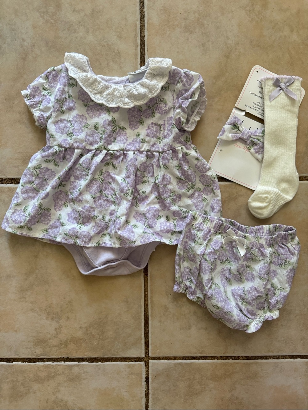 Lavender Floral Baby Dress Set with Bloomers, socks and bow